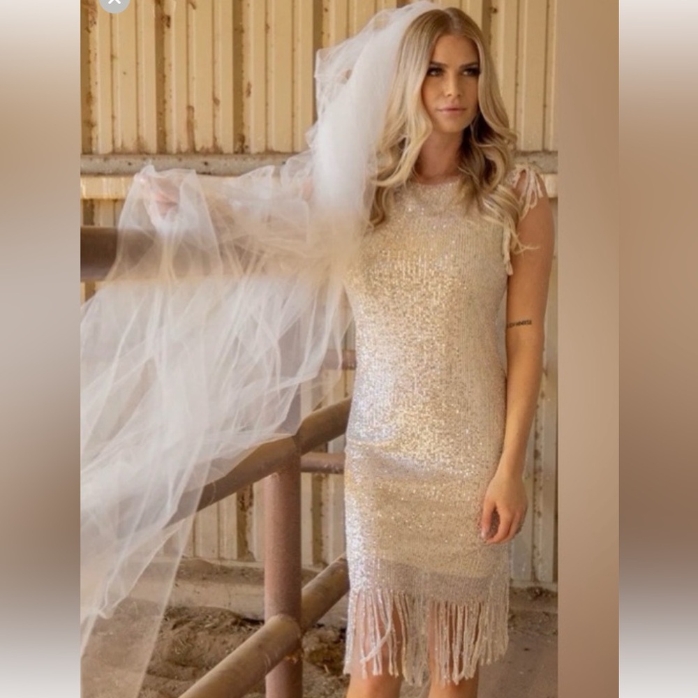 Sterling Kreek LARGE L Sequin Fringe Dress Bridal Bachelorette Ivory Champagne